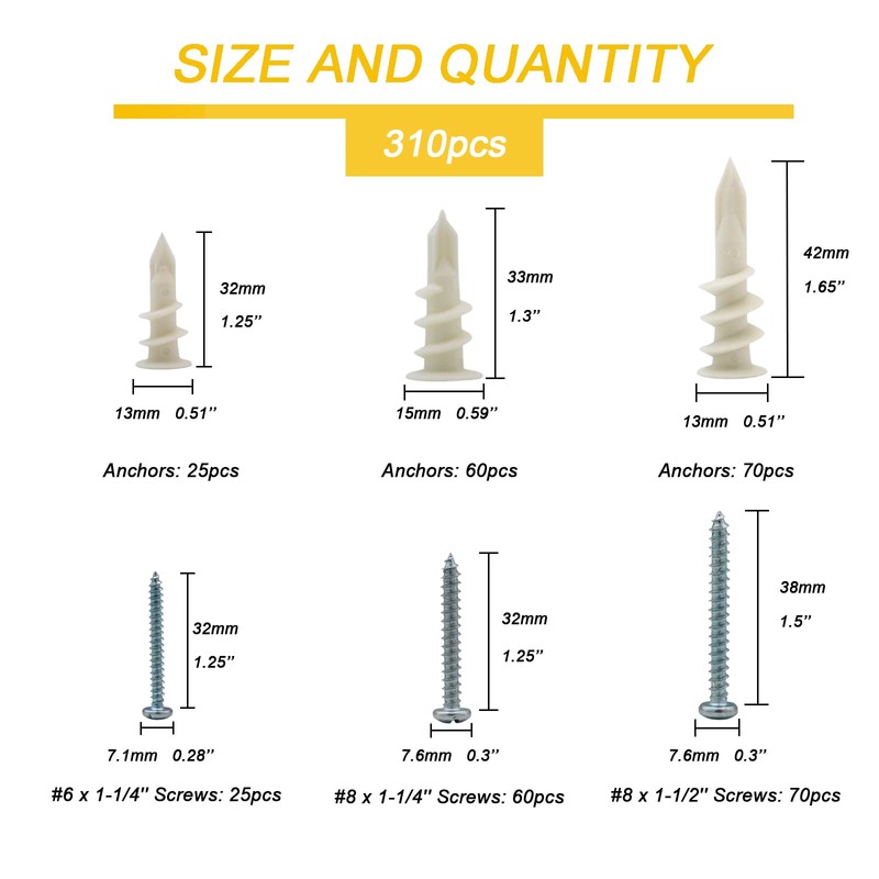 Kevinrooty 3 Sizes Self Drilling Drywall Anchors, 310PCS Nylon Plastic