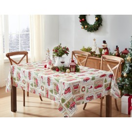 Newbridge Yuletide Christmas Tree Farm Flannel Back Vinyl Christmas Tablecloth - Red Metallic Gold Holly Print Wipe Clean Easy Care Dining Room Tablecloth, 52” x 70” Oblong/Rectangle
