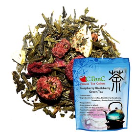 Raspberry Blackberry Green Tea, sweet fruity and nippy, soft and mild, not only a feast for the eyes but also a very special taste experience, Loose Leaf Tea - 8oz