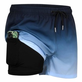 MADHERO Mens Swim Trunks with Compression Liner 2 in 1 Quick Dry Swimming Shorts Swimwear Dark Blue Sky Blue Size S