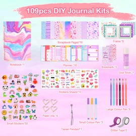 Goldge 109pcs DIY Journal Kit for Girls Diary, Gifts for Girls Ages 8 9 10 11 12+ Years Old, Stationery Set, DIY Scrapbook Kit for Tweens Teens, Arts and Crafts for Kids