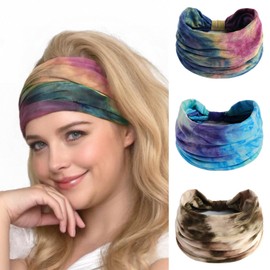 Alexis Leroy Women's Boho Batik Hair Bands, Elastic, Soft, Yoga, Sports, Sweatband, Hair Accessories, 3 Pieces, Natural Set