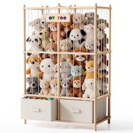 Large Stuffed Animal Storage & Organizer, Wooden Cute Zoo Toy Holder with Wooden Bottom and Two Large Capacity Plush Toy Chests for Toddler Rooms, Nursery, Playrooms & Bedrooms