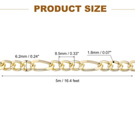 sourcing map 16.4Feet Aluminum Link Chain, Link Cable Chain Twist Oval Plated Chain Bulk Craft Making Chain Roll for DIY, 8.5x6.2x1.8mm, 3:1(S:L), Gold