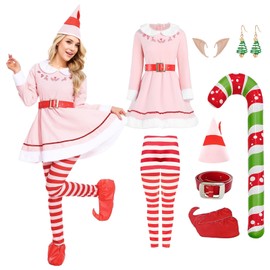 Fanskaty Buddy The Elf Costume Men Women Christmas Elf Adult Costume Cosplay Holiday Party Full Set Costumes (Pink Women, Large)