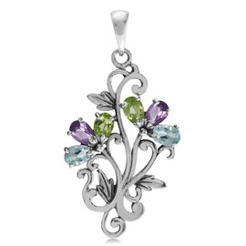 Silvershake Natural Peridot Amethyst and Blue Topaz 925 Sterling Silver Victorian Style Flower Leaf Pendant