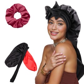 LadayPoa Double Layer Sleep Cap with Hair Ties for Women Long Hair Bonnet for Curly Hair bonnet Satin bonnets for Sleeping Large Silk Bonnet with Stretchy Tie Band for Women