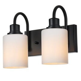 VINLUZ Bathroom Vanity Light Fixtures Over Mirror,2-Light Metal Base Matte Black Finish Classic Wall Sconces with Opal White Glass Shade Wall Mounted Lighting for Bedroom Cabinet Kitchen