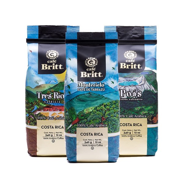 Café Britt® - Costa Rican Origins Coffee Bundle (12 oz.) (3-Pack) (Coffee From: Tarrazú, Tres Ríos & Poás) - Whole Bean, Arabica Coffee, Kosher, Gluten Free, Gourmet & Medium Light & Dark Roast