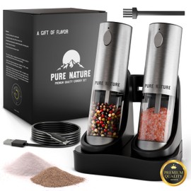 Pure Nature Salt and Pepper Grinder Set with rechargeable base. Premium Stainless Steel up-graded larger capacity with LED Lights, 5 Adjustable Coarseness, Refillable, Type-C Fast Charging.