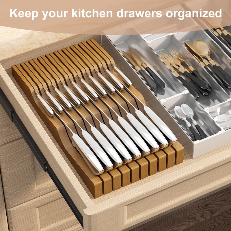 In-Drawer Knife Block Organizer - Bamboo Wood Drawer Knife Organizer-Protecting