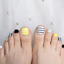 ELEVENAIL White Dark Yellow Press On Toenails Silver Glitter Short Squoval False Toe Nails with Stripe Design Multicolor Toenail Art Tips Women Girls Manicure Reusable Acrylic Glue On Fake Toenails