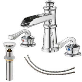 BATHLAVISH Chrome Bathroom Sink Faucet, Bathroom Faucet 3 Hole, Widespread Bathroom Faucet, 8 Inch Waterfall 2 Handle with Pop Up Drain with Overflow Set Polished Vanity Mixer Tap Commercial Modern