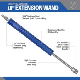 ESSENTIAL WASHER 18" Pressure Washer Extension Wand - Stainless Steel Power Washer Wand with Molded Grip - Short Pressure Washer Wand Replacement - Stainless Steel 1/4” QC Plug & Coupler Preinstalled