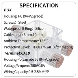 4VWIN IP68 Waterproof Junction Box 3-Way Outdoor Cable Connector for Max. Diameter 10 mm Cable