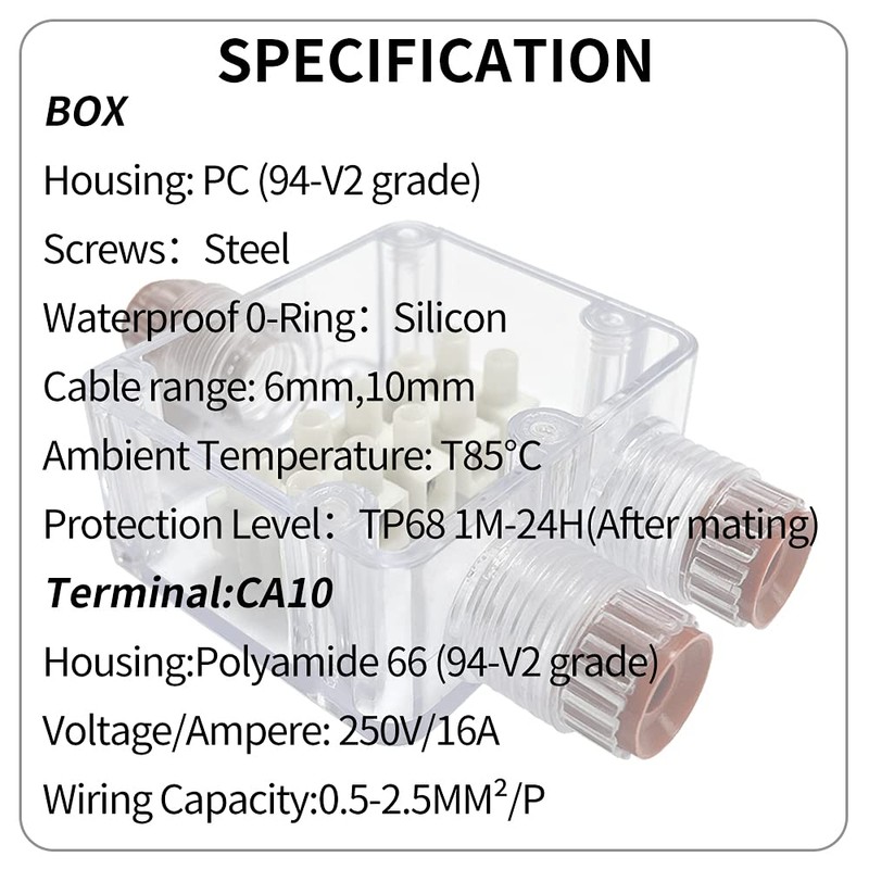 4VWIN IP68 Waterproof Junction Box 3-Way Outdoor Cable Connector for