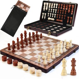 2 in 1 Magnetic Wooden Chess Set & Checkers Board Game, 15’’ Folding Chess Bo...