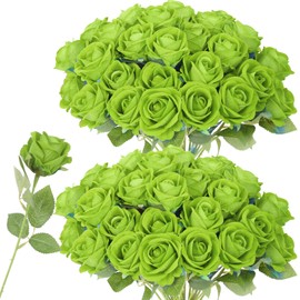 LetuoClips 52 PCS Green Roses Artificial Flowers,Fake Green Roses Bouquet,Greens Artificial Silk Rose with Stems for Wedding Flowers Decoration, Valentines Day, Bridal Bouquet Rose,Wedding Decoration