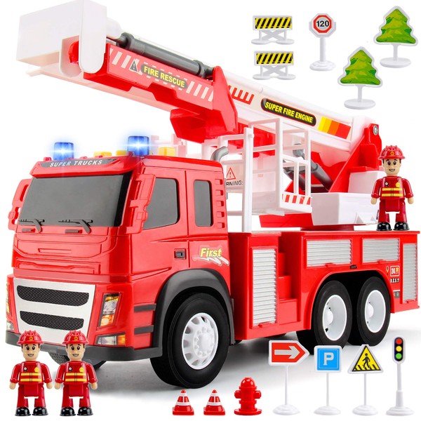 Fire Truck Playset – 1:12 Scale Large Size Toys - Realistic Fire Engine, 3 Firemen, Road Signs, Lights, Sounds - Friction-Powered Fire Truck Toys for 3 Year Old Boys, Girls, Toddlers Age 3 4 5