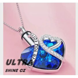 Fashion Jewelry BLUE CZ HEART URN CREMATION ASHES Pendant 925 Sterling Silver 24" Necklace women