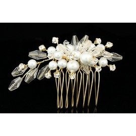 Crystal Pearl Flower Bouquet Bridal Wedding Tiara Hair Comb - Gold Plated Rhinestone Crystals Faux Pearls FC038