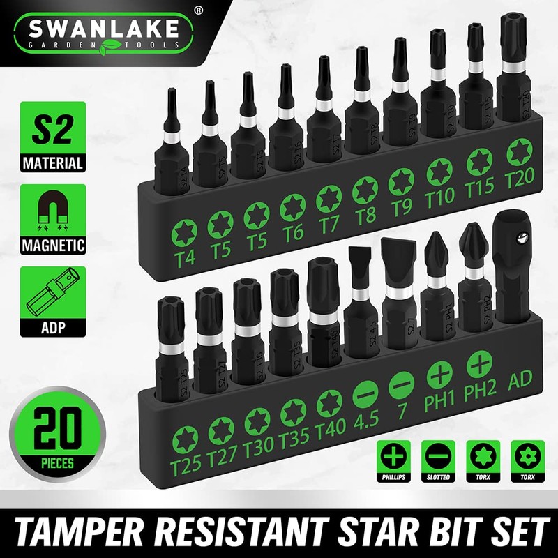 SWANLAKE 20PCS Tamper Resistant Star Bit Set,Torx Bit Set, Impact