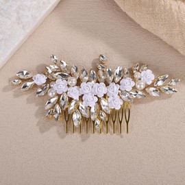 Rumtock White Rose Flower Crystal Beads Gold Hair Comb Women Wedding Bridal Side Headpiece Jewelry (Gold)