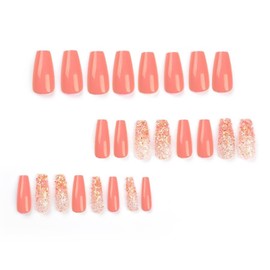 RUOKEXIN Long Press on Nails Coffin Fake Nails Glitter False Nails with Designs Orange Ombre Nail Press ons Long Glue on Nails Sparkly Artificial Nails Cute Stick on Nails for Women 24Pcs