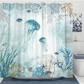 Neasow Nautical Shower Curtain, Teal Jellyfish Beach Shell Sea Life Shower Curtains with 12 Hooks, Coral Bathroom Curtain 72"×72"