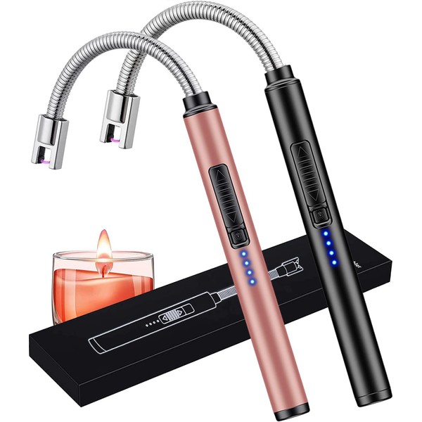 Candle Lighters 2 Pack, Rechargeable USB Long Lighter Arc Lighter Camping Lighter Grill Lighter for Candles Party Cooking BBQ Fireworks （Black & Rose Gold）