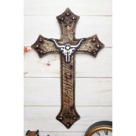 Rustic Western Star Texas Longhorn Cow Skull With Dual Pistols Wall Cross Decor
