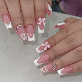 24Pcs Valentines Fake Nails White French Tip Press on Nails with Bow Charms Acrylic Nails Medium Square False Nails Cute French Nails Tip Stick on Nails Rhinestones Heart Artificial Nails for Women