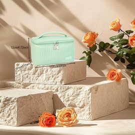 Kulturbeutel für Damen, Leder, Make-up-Tasche, mit Fächern, Reise, mit Griff, Aufbewahrungstasche, tragbar, große Kapazität, Tasche, Minzgrün, Einheitsgröße