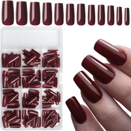 LuckForever 240pc Square Press on Nails Long Fake Nails Glue Press on Nails Square Nail Tips Full Cover Burgundy Acrylic Nails Press ons Nail False Fingernail with Glue Adhesive Tabs for Women Girls