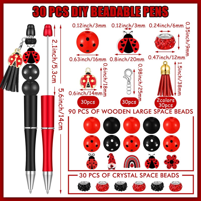 ReliThick 12 Sets Ladybug Beadable Pens Bulk Assorted Bead Pens