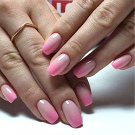 Short Press on Nails Coffin Fake Nails Ombre Pink Nails Press ons Glossy Glue on Nails French Acrylic Nails Cute False Nails with Gradient Designs Artificial Stick on Nails for Women 24 Pcs