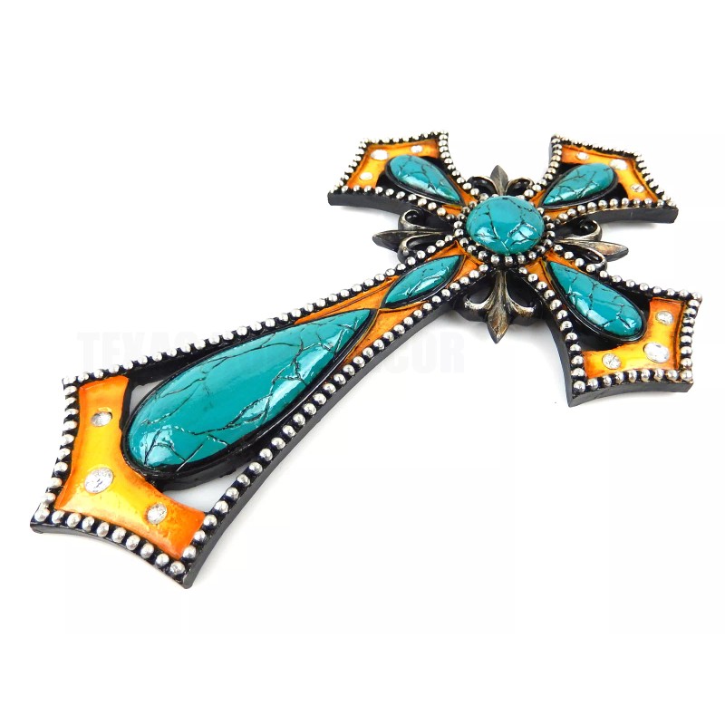 Turquoise Fleur De lis Decorative Wall Cross Rhinestones Studs Rustic