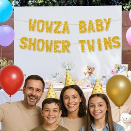 Meowoo Wowza Baby Shower Decor, Glittery Gold Banner with Sparkling Letters, 7.7-Inch Bold Design That Stands Out, Perfect for Twins Celebration, Easy Assembly Supplies for Fun Party