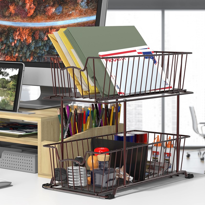 SimpleHouseware 2 Tier Cabinet Wire Basket Drawer Organizer, Brown