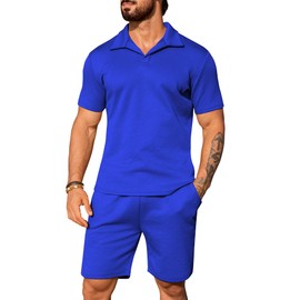 URRU Mens Short Sets 2 Piece Outfits Casual Set Short Sleeve for Men Fashion Summer Tracksuits Blue L