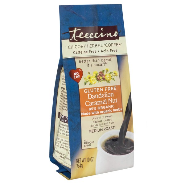 Teeccino Dandelion Coffee Alternative - Caramel Nut - Herbal Coffee, Prebiotic, Caffeine Free, Gluten Free, Acid Free, Ground Coffee Substitute, Medium Roast, 10 Ounce