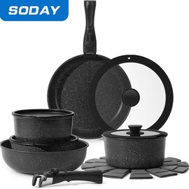 SODAY 15pcs Pots and Pans Set Non Stick, Cookware Sets with Detachable Handle, Nonstick RV Kitchen Cooking Set Removable Handles, Oven Safe,Stackable - Color: Black
