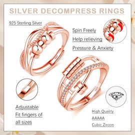 Glintara Anxiety Ring 925 Silver 2 Pieces 925 Sterling Silver Anti-Stress Ring Set, Open Adjustable Spinner Fidget Rings, Partner Rings Pair Rings Against Anxiety, Mood Ring with Beads for Women