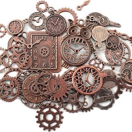 Ieron 40pcs Antique Steampunk Pendant Charms Metal Watch Gear Charms Retro Gears for Handmade Jewellery DIY Accessories, Red Bronze Zinc, No Gemstone