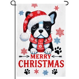 12 x 18 Inches Merry Christmas Dog Garden Flag Decorations - Double-Sided Cute French Dog with Santa Hat and Scarf Yard Flag Indoor Outdoor Winter Holiday Décor for Porch Patio Lawn Party Supplies
