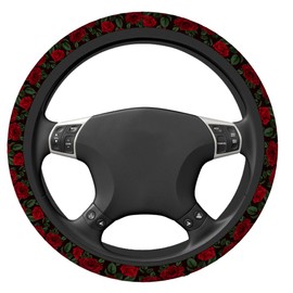 Swono Rose Red Steering Wheel Covers 15" Inch Vintage Red Roses and Green Leaves Universal Fit Most Car Sedans SUVs Comfort Grip Comfortable Neoprene Breathable Steering Wheel Protector