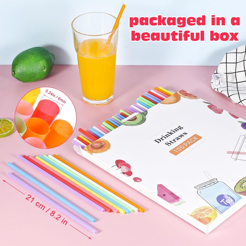 [100 Pcs] Colorful Disposable Drinking Plastic Straws - Long Cocktail