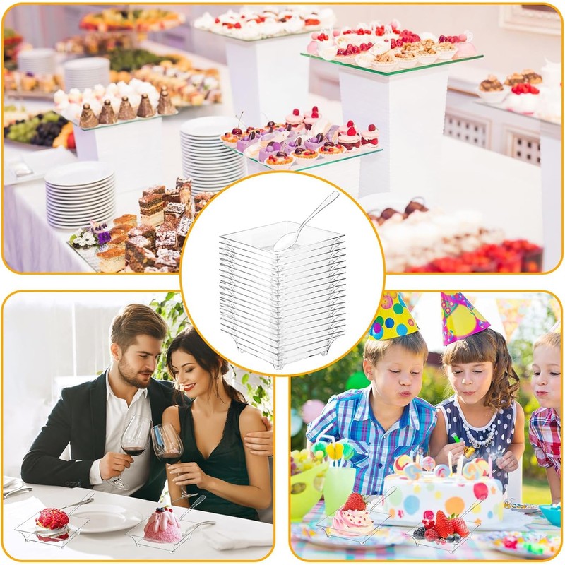 KAHEIGN 100Pcs Plastic Appetizer Plates with Spoons, 6CM Square Dessert