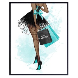 Light Blue Fashion Designer Wall Art - Black Woman, African American Women, Teens, Girls Bedroom - High Fashion Design Wall Decor - Glam Gifts for Latina, African American Woman - Black Culture