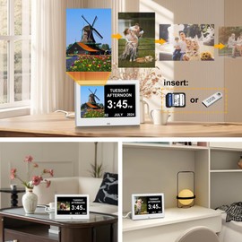 TIMEMOON Alarm Clock with Day and Date for Elderly Digital Calendar Clock Photo Frame- Auto Dimmable Display 15 Alarm Options (7inch White)